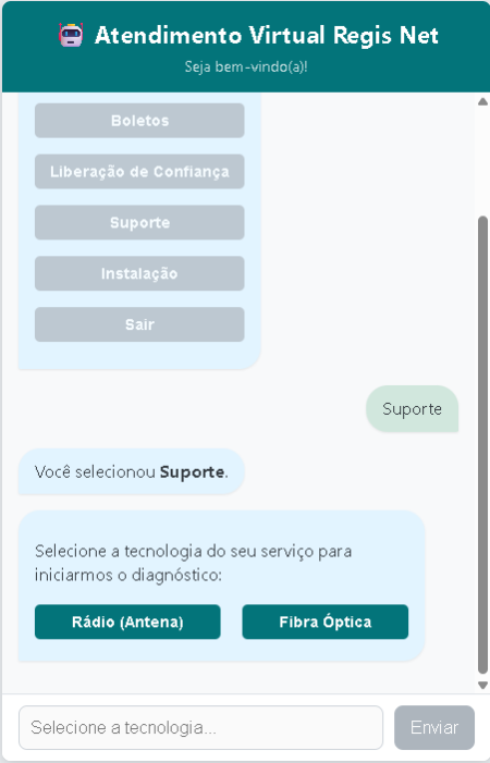 Atendimento automático pelo ChatBot da Regis Net Atendimento automático pelo ChatBot da Regis Net